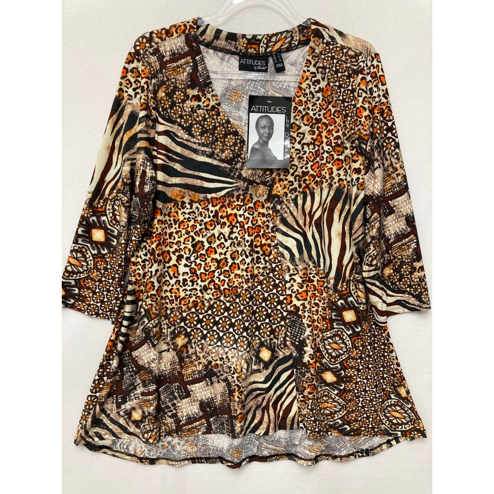 New Attitudes by Renee Tunic Large Brown Animal Print  3/4 Sleeve Stretch Knit